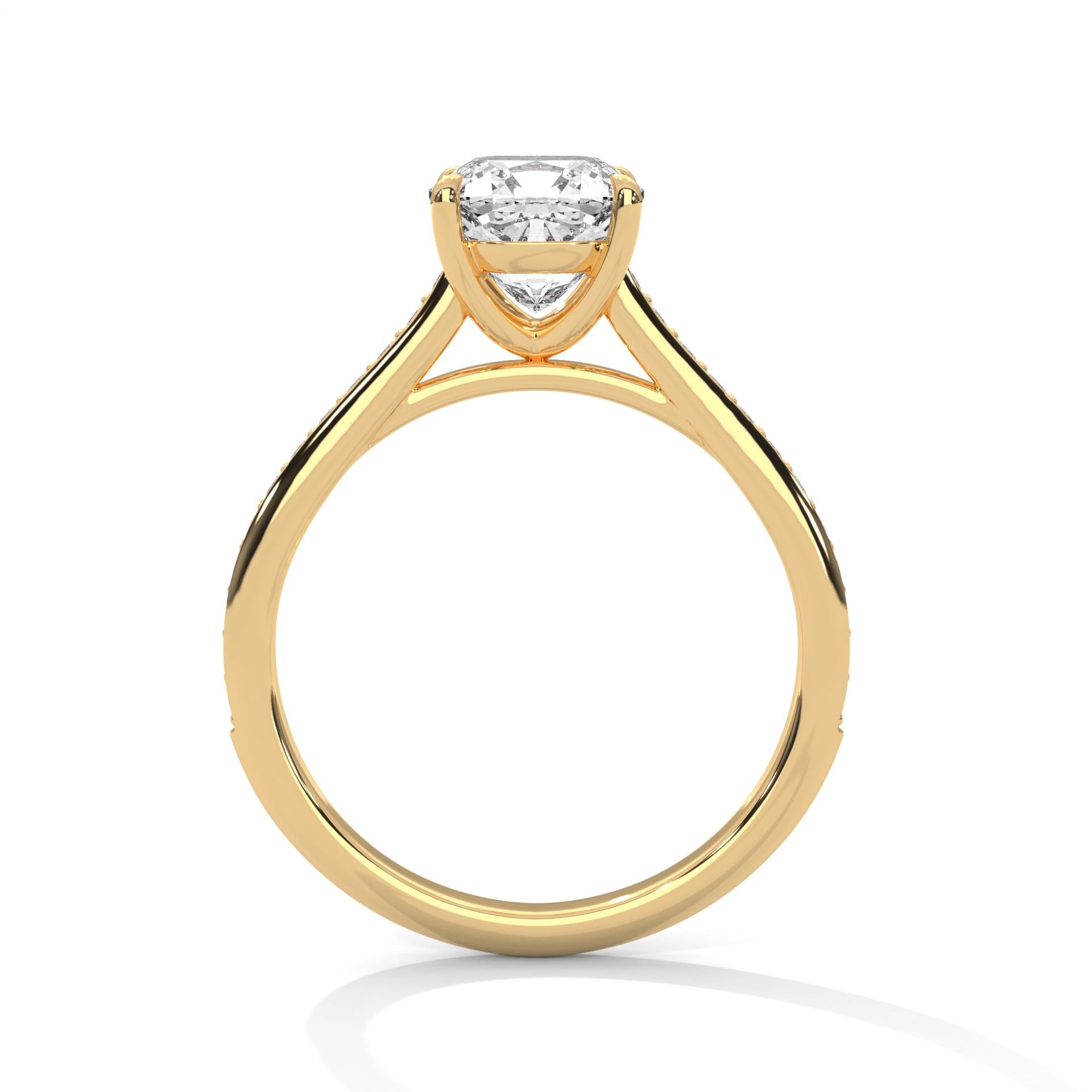 Yellow gold cushion engagement ring with shimmering pave diamond shank