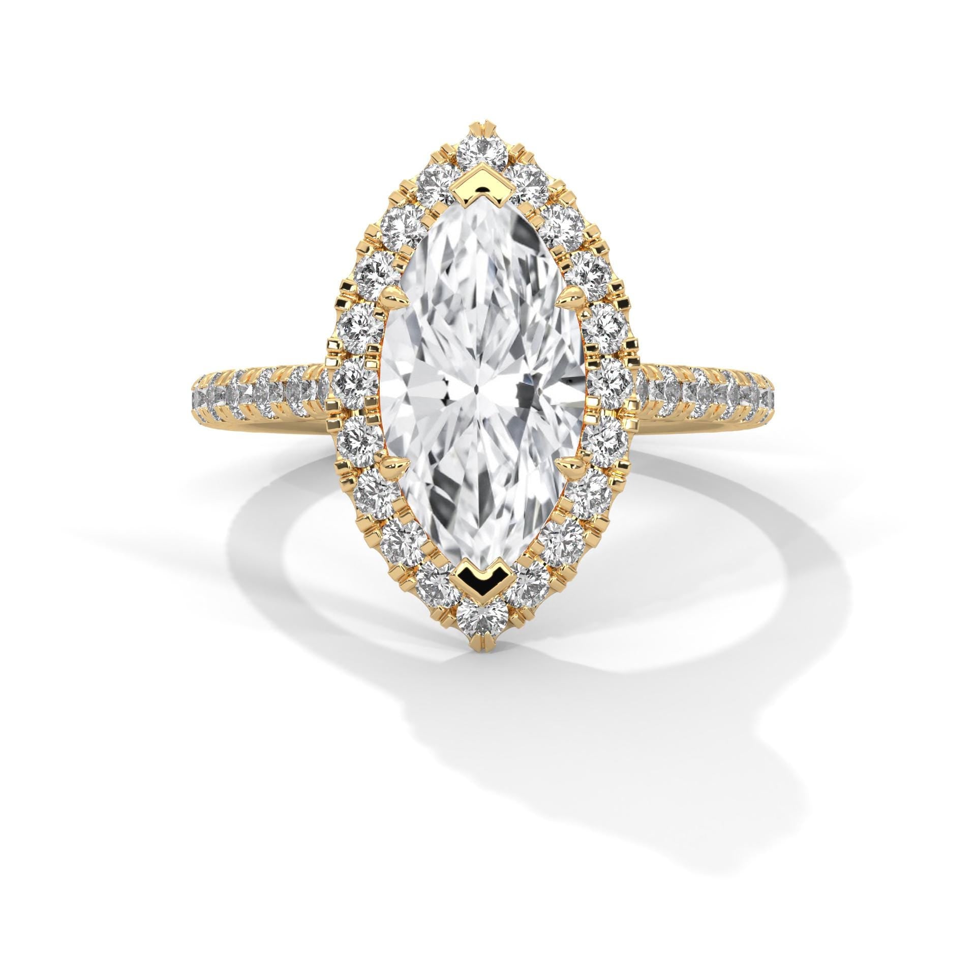 Marquise cut lab grown diamond halo solitaire ring in 14k yellow gold