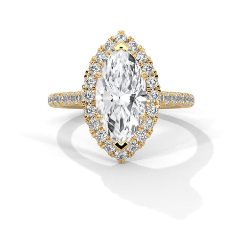 Marquise cut lab grown diamond halo solitaire ring in 14k yellow gold