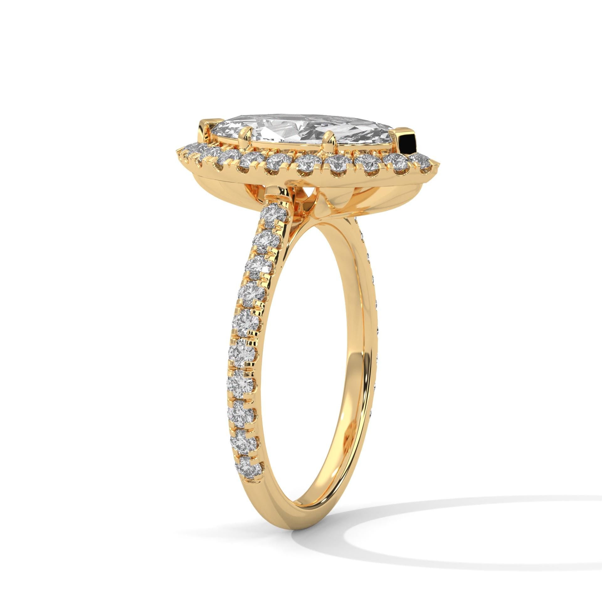Architectural yellow gold 6-prong halo mount for marquise diamond