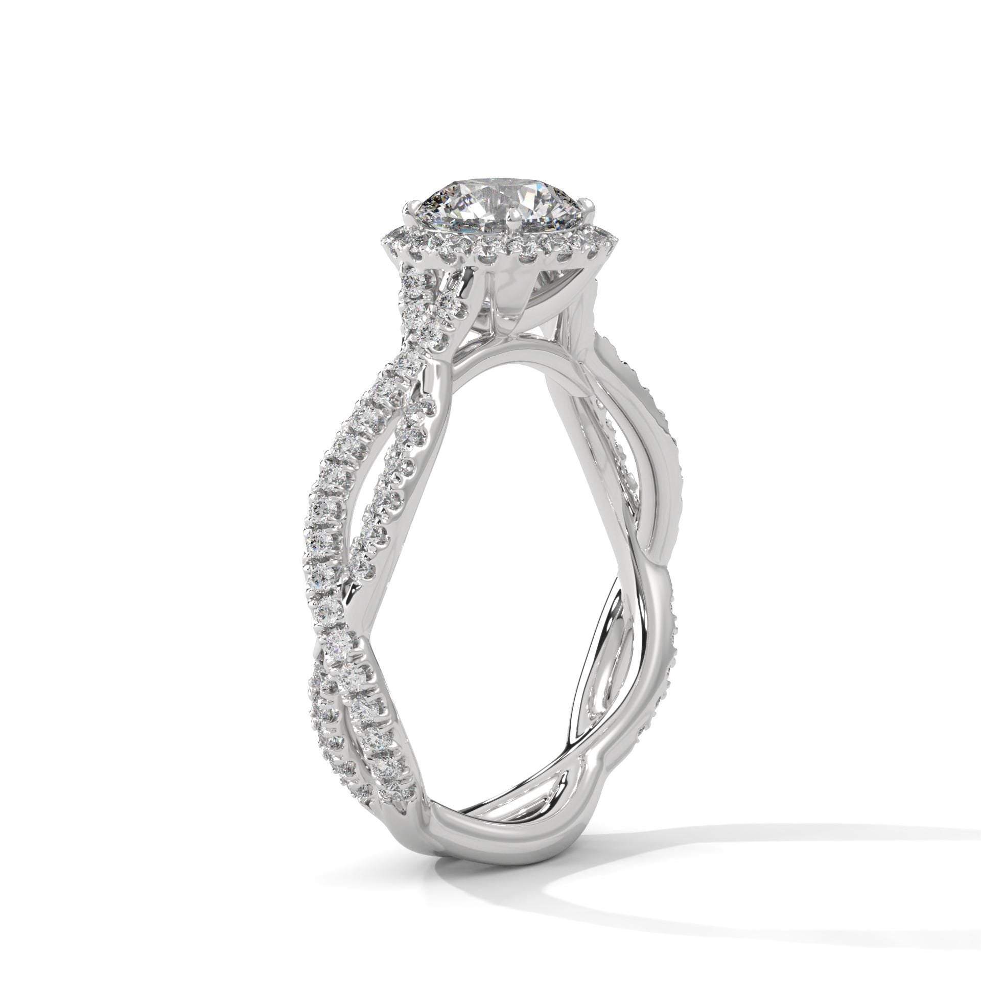 Architectural white gold halo setting for round lab created diamond.