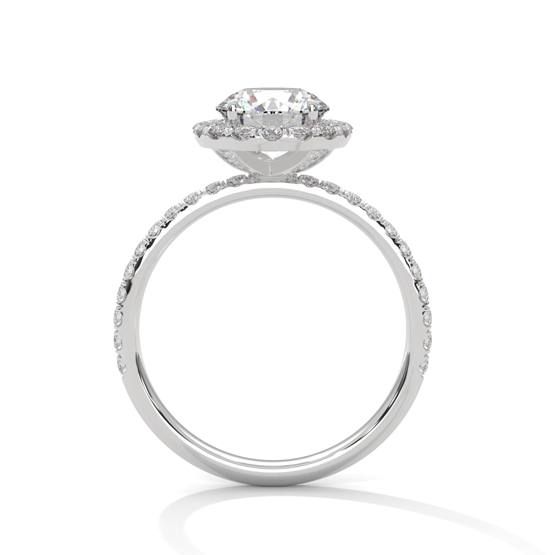 Side view of white gold round halo ring showing high-profile cathedral lift