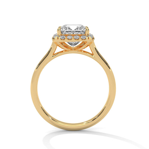 Yellow gold princess halo bridal ring featuring a minimalist polished band