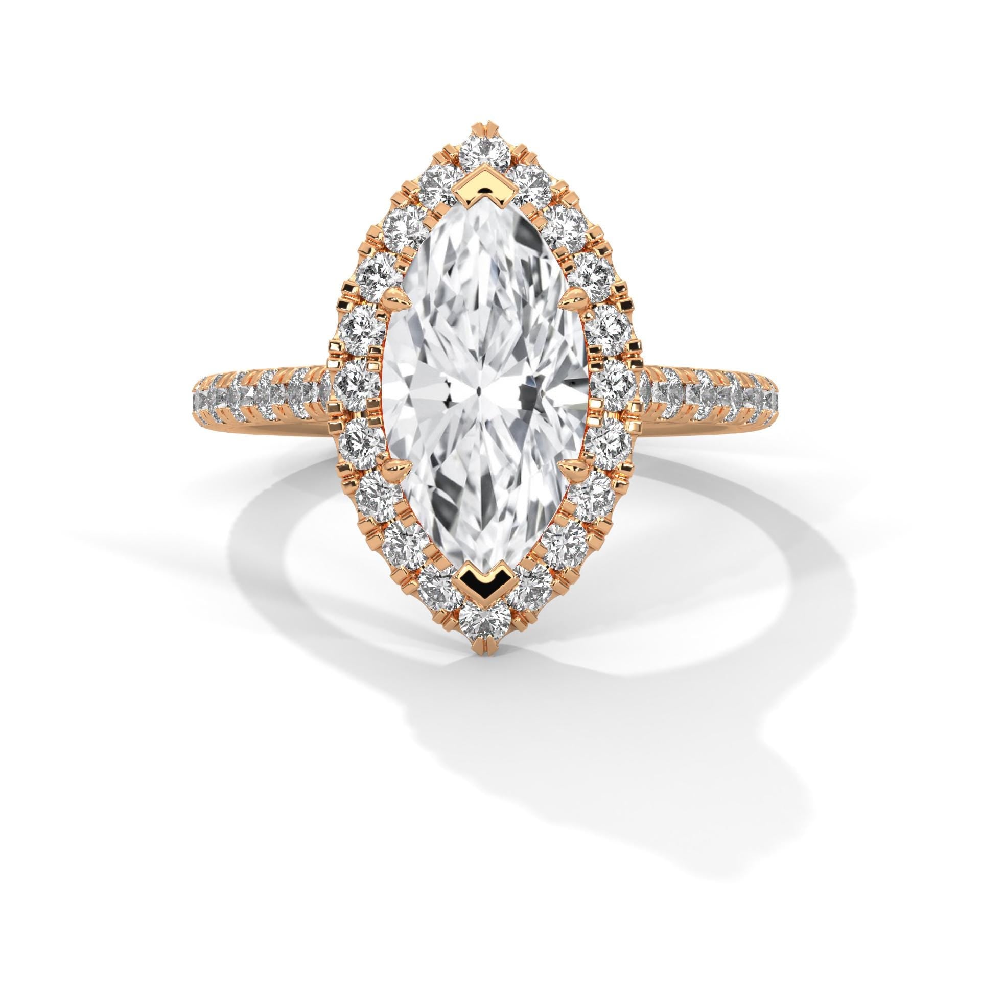 Colorless marquise cut lab diamond halo ring in 14k rose gold