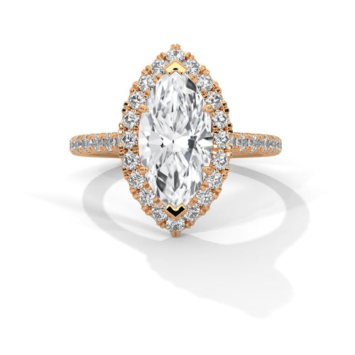 Colorless marquise cut lab diamond halo ring in 14k rose gold
