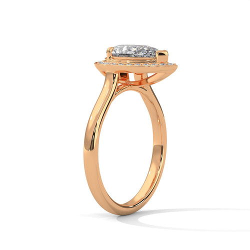 Architectural rose gold cathedral setting for pear cut halo diamond