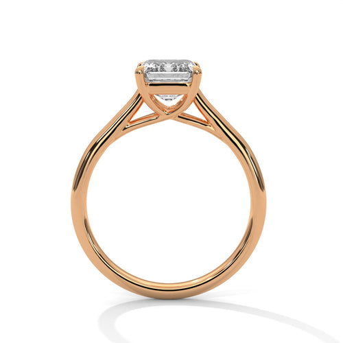 Side view of rose gold cathedral setting for emerald diamond ring