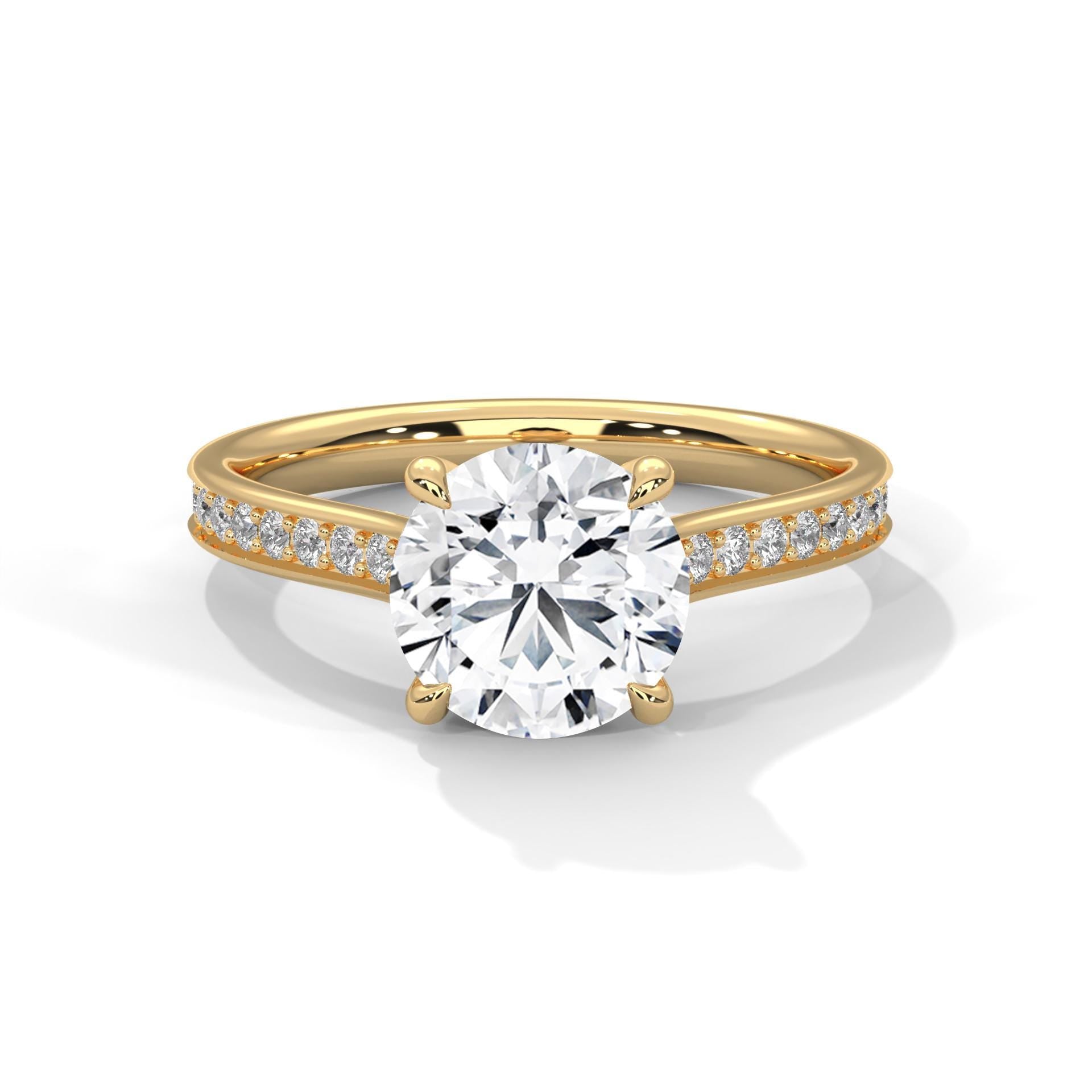 Colorless round cut lab diamond pave cathedral ring in yellow gold