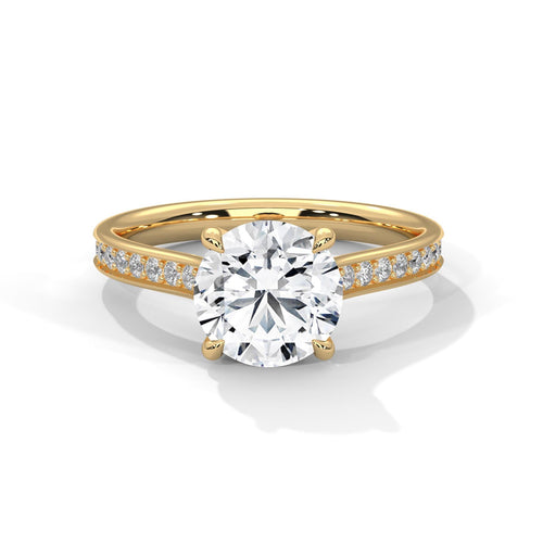 Colorless round cut lab diamond pave cathedral ring in yellow gold