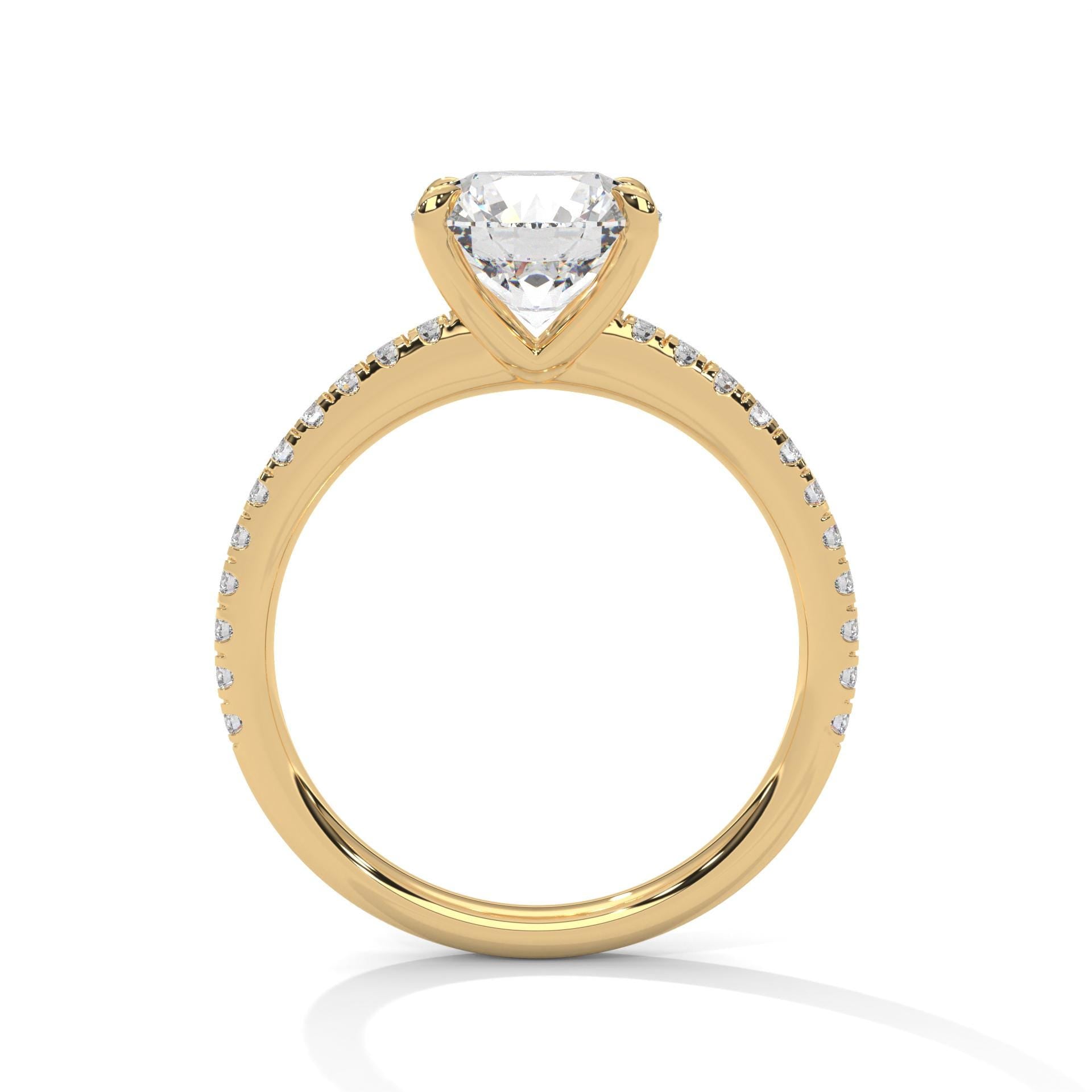 Side view of yellow gold round ring showing high-profile architectural arches