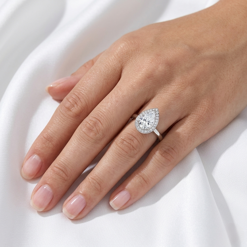 Pear Cut Lab Grown Diamond Halo Cathedral Ring | F VS2 | 14K 18K Gold | 1-3ct
