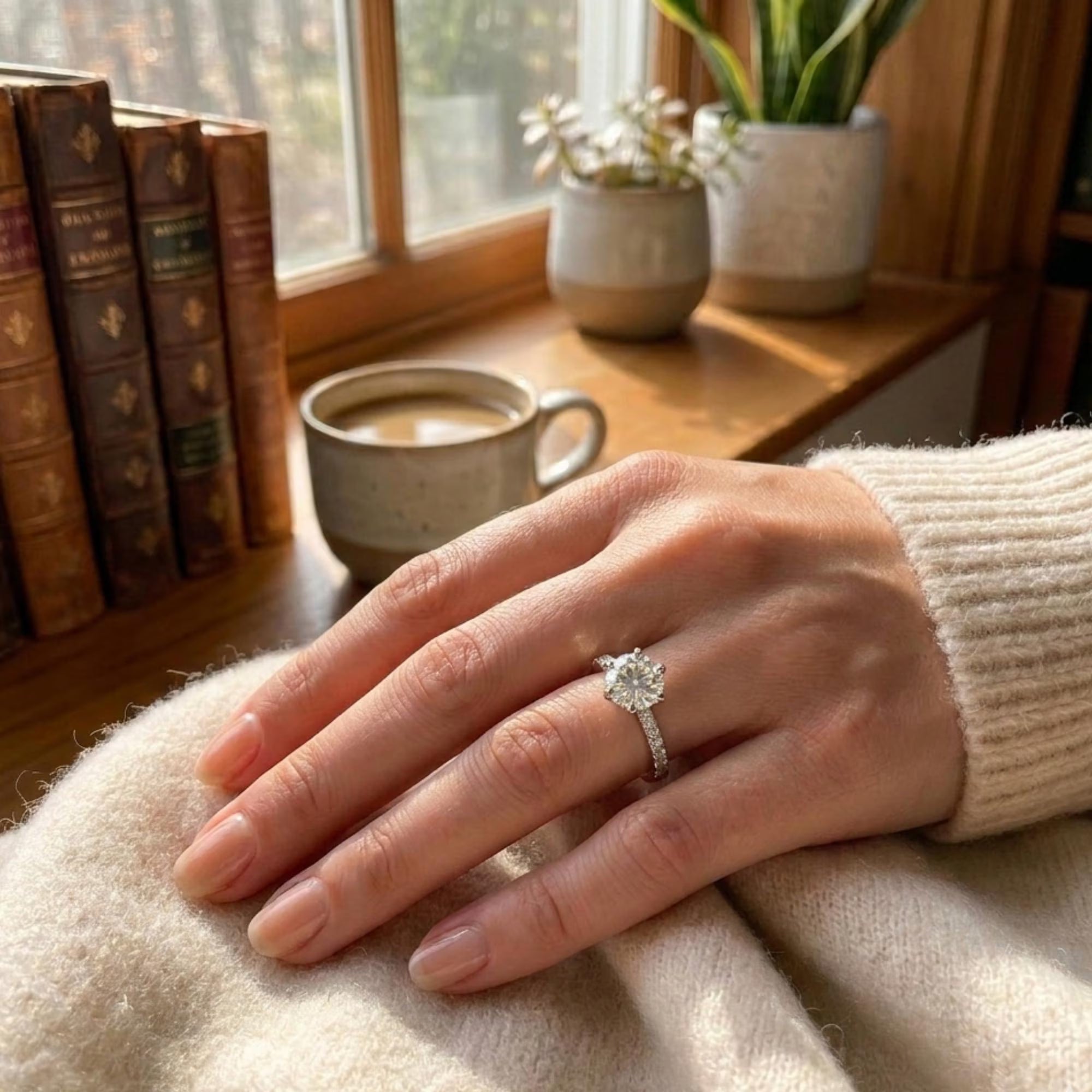 Round Lab Grown Diamond 6-Prong Pavé Ring | F VS2 | Plain Band | 14K 18K Gold
