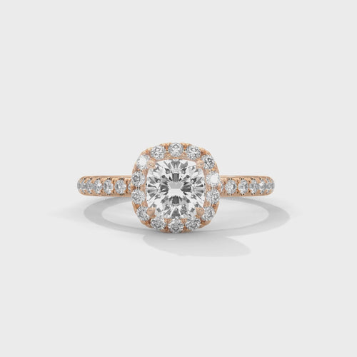 Cushion Cut Lab Grown Diamond Pavé Halo Ring | E VS1 | 14K 18K Gold | 1-3ct