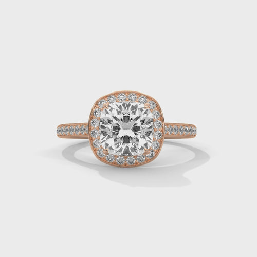 Cushion Cut Lab Grown Diamond Halo Ring with Pavé Band