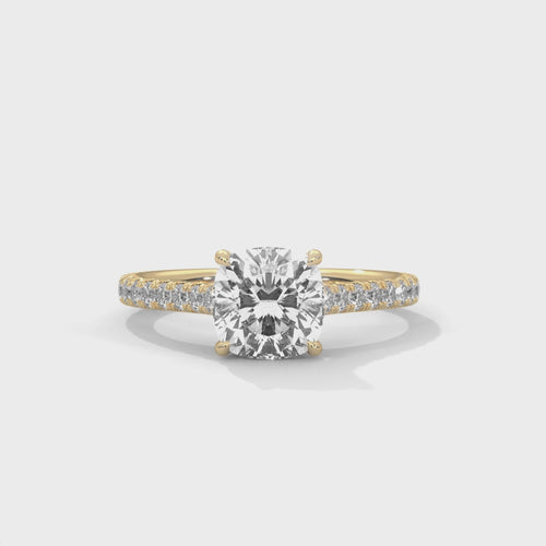 Cushion Cut Lab Grown Diamond Pavé Cathedral Ring | E VS1 | 4-Prong | 14K 18K