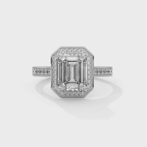 Emerald Cut Lab Grown Diamond Halo Cathedral Ring Ring | D VS1 | 14K 18K Gold | 1-3ct