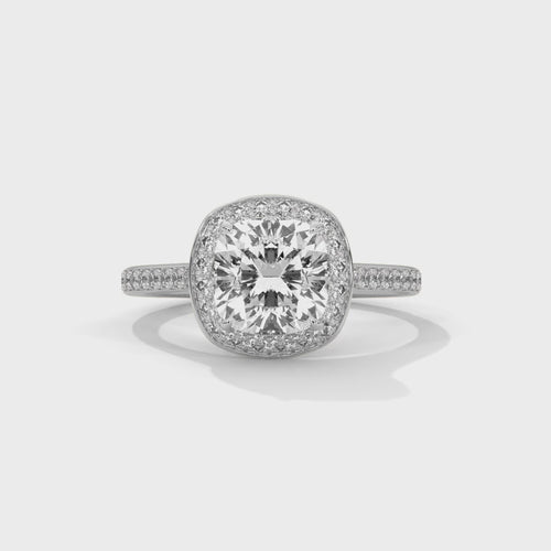 Cushion Cut Lab Grown Diamond Halo Ring with Pavé Band