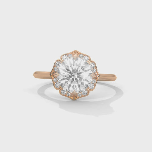 Round Brilliant Scalloped Floral Halo Lab Grown Diamond Ring | 14K 18K Gold
