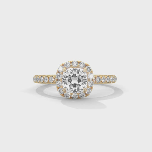 Cushion Cut Lab Grown Diamond Pavé Halo Ring | E VS1 | 14K 18K Gold | 1-3ct