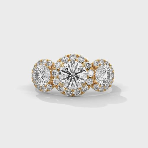 Three-Stone Round Lab Grown Diamond Triple Halo Ring | E VS1 | 14K 18K Gold