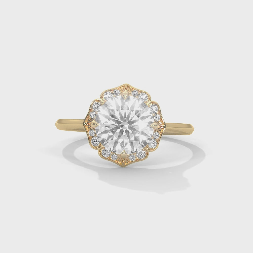 Cinematic video display showcasing the light performance and intricate floral petal detailing of a scalloped halo lab-grown diamond ring.