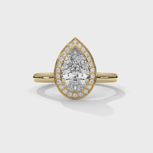 Pear Cut Lab Grown Diamond Halo Cathedral Ring | F VS2 | 14K 18K Gold | 1-3ct
