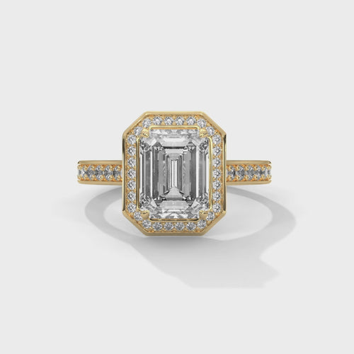 Emerald Cut Lab Grown Diamond Halo Cathedral Ring Ring | D VS1 | 14K 18K Gold | 1-3ct