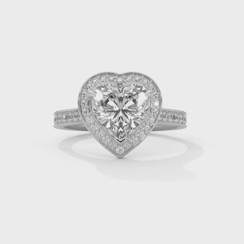 Heart Cut Lab Grown Diamond Halo Cathedral Ring | F VS2 | 14K 18K Gold | 1-3ct