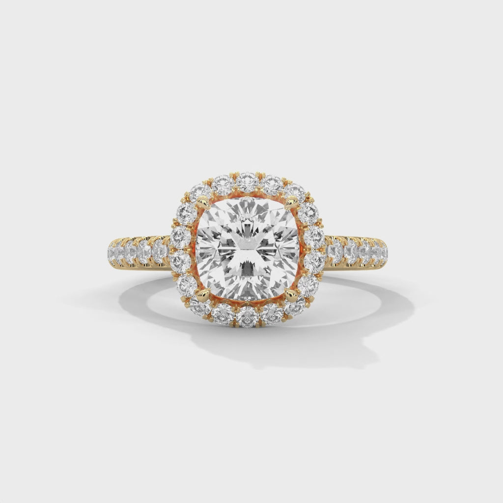 High-definition video showcasing the split light performance of the knife-edge band, the discreet sparkle of the hidden under-halo, and the fire of the radiant cut lab-grown diamond.