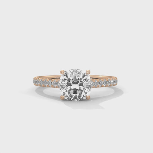Cushion Cut Lab Grown Diamond Pavé Cathedral Ring | E VS1 | 4-Prong | 14K 18K