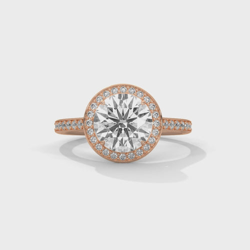 Round Lab Grown Diamond Halo Ring | Pavé Band | E VS1 IGI | 14K 18K Gold