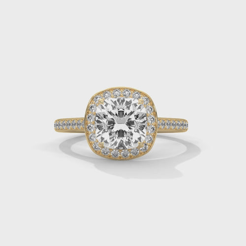 Cushion Cut Lab Grown Diamond Halo Ring with Pavé Band