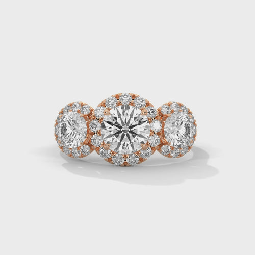 Three-Stone Round Lab Grown Diamond Triple Halo Ring | E VS1 | 14K 18K Gold