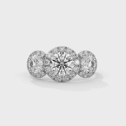 Three-Stone Round Lab Grown Diamond Triple Halo Ring | E VS1 | 14K 18K Gold