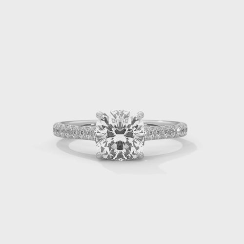 Cushion Cut Lab Grown Diamond Pavé Cathedral Ring | E VS1 | 4-Prong | 14K 18K