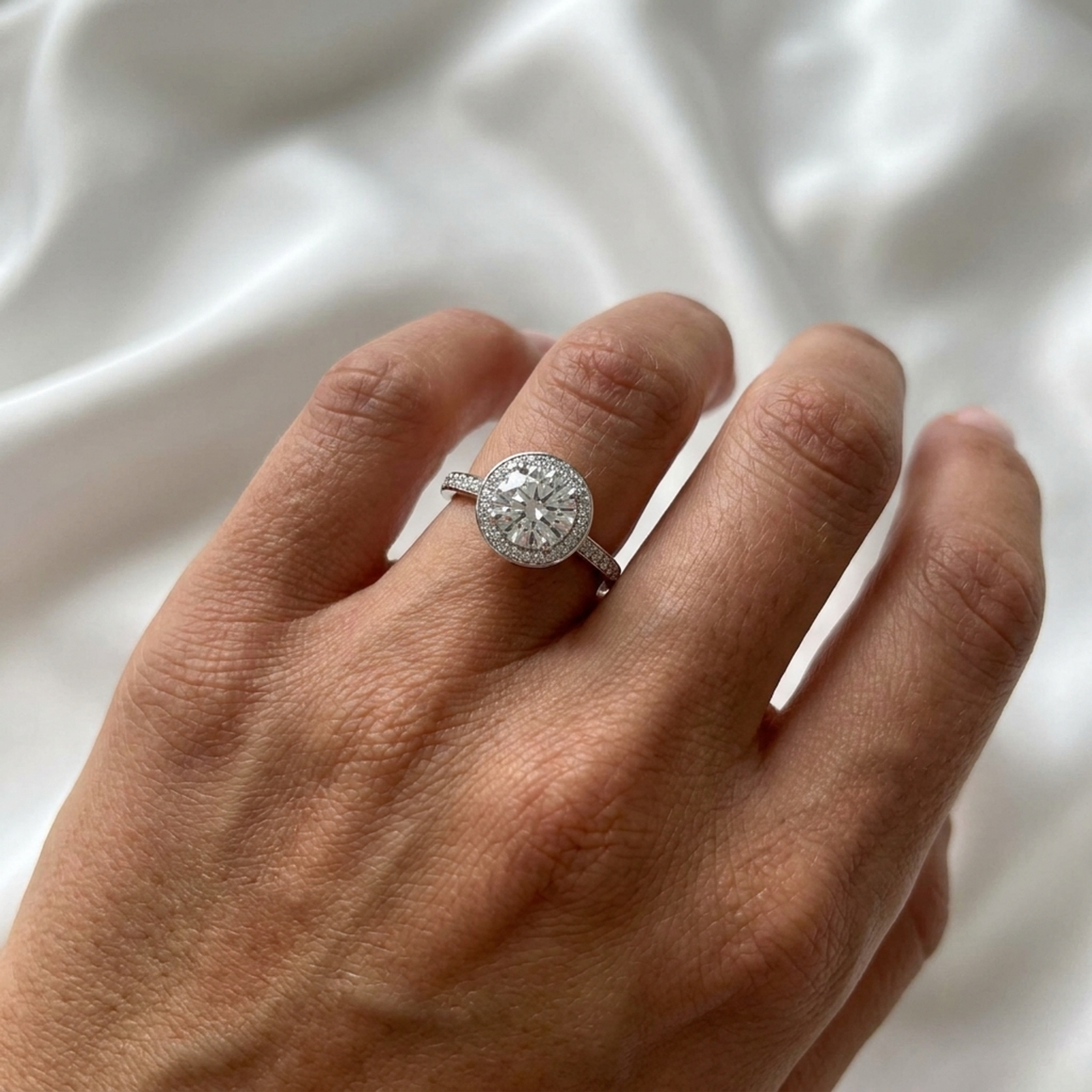 Round Lab Grown Diamond Halo Ring | Pavé Band | E VS1 IGI | 14K 18K Gold